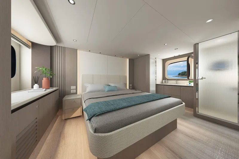 Slide: The Image of Luxurious bedroom interior of 2026 Absolute 58 Navetta yacht with ocean view. - 29