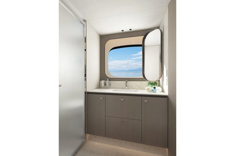 Slide: The Image of Luxurious bathroom interior of 2026 Absolute 58 Navetta yacht with ocean view window. - 30