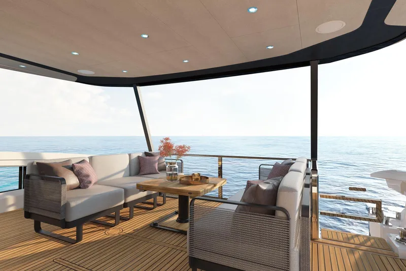 Slide: The Image of Luxurious deck of 2026 Absolute 58 Navetta yacht with ocean view and elegant seating. - 5