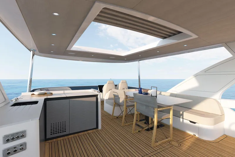 Slide: The Image of Luxurious 2026 Absolute 58 Navetta yacht deck with modern seating and ocean view. - 7