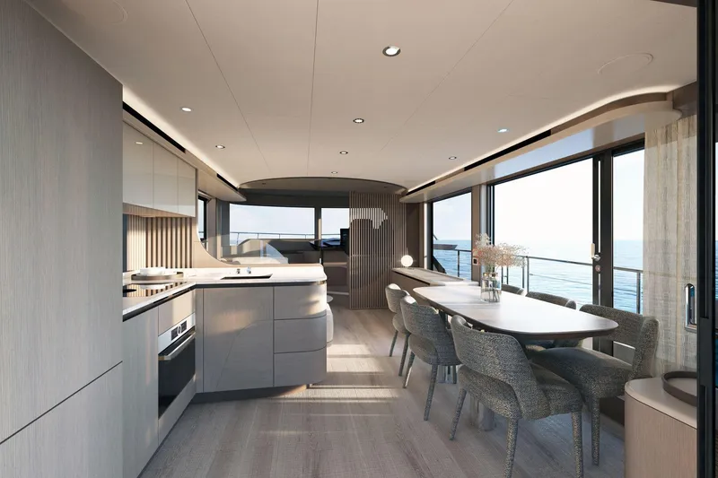 Slide: The Image of Luxurious interior of 2026 Absolute 58 Navetta yacht with modern dining area and ocean view. - 10