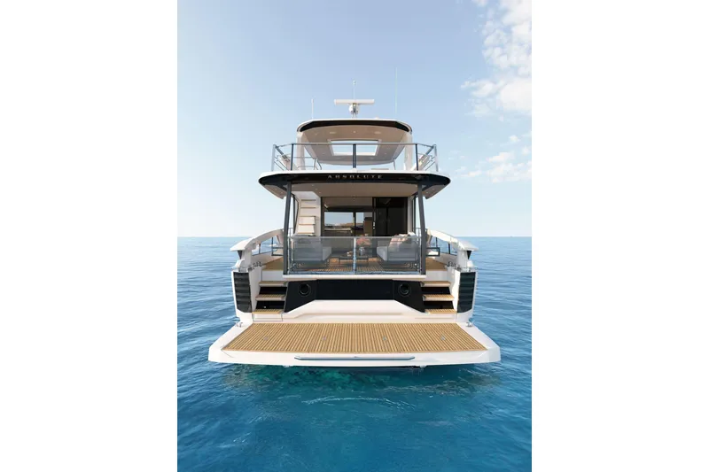 Slide: The Image of 2026 Absolute 58 Navetta yacht on calm ocean, rear view with open deck. - 2