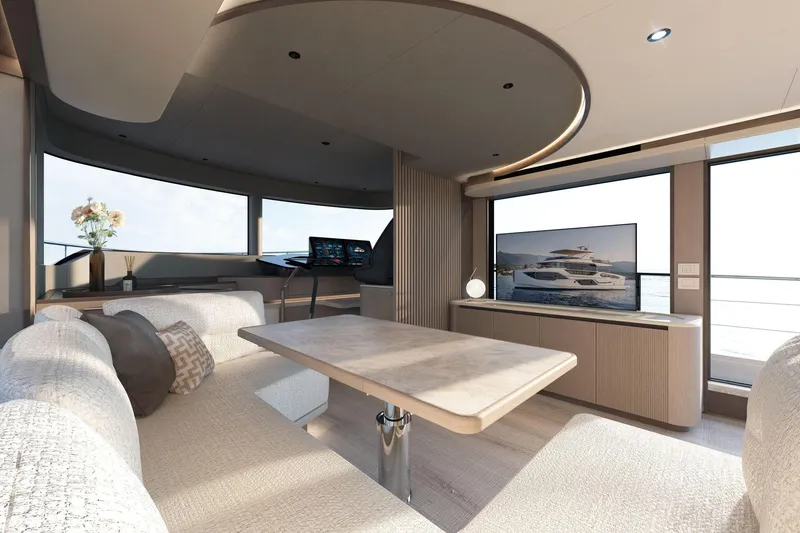 Slide: The Image of Luxurious interior of 2026 Absolute 58 Navetta yacht with modern furnishings and panoramic windows. - 20