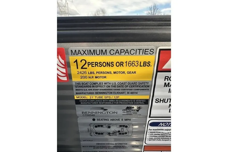 Slide: The Image of 2026 Bennington S 22 SSR capacity label: 12 persons or 1663 lbs, 200 HP motor. - 1