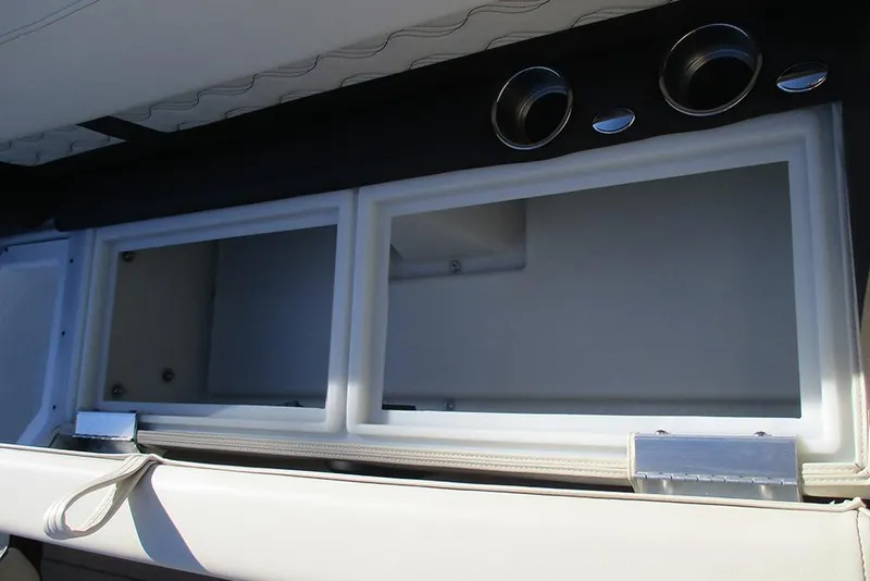 Slide: The Image of Interior storage compartment of 2026 SunCatcher Fusion 324RC boat. - 12