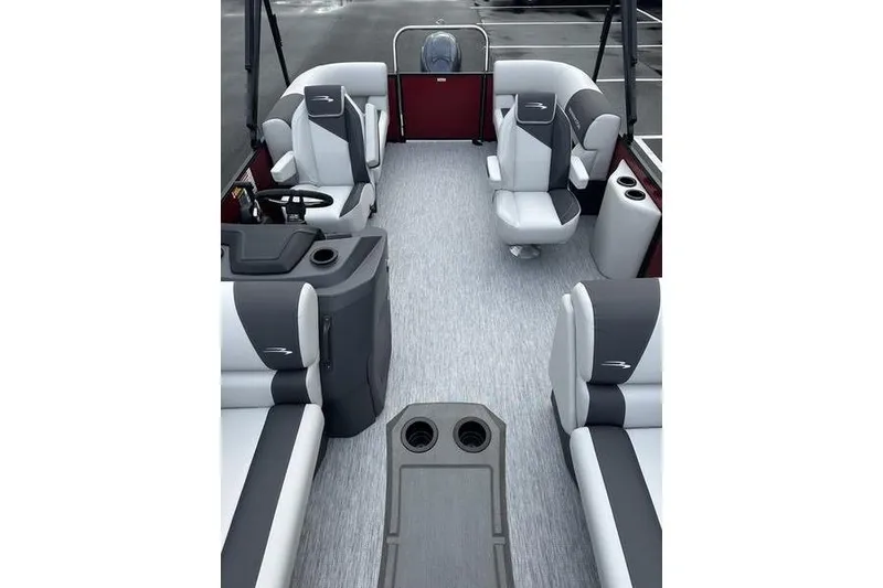 Slide: The Image of 2026 Bennington 20 S Quad Bench boat interior with gray seating and modern design. - 14