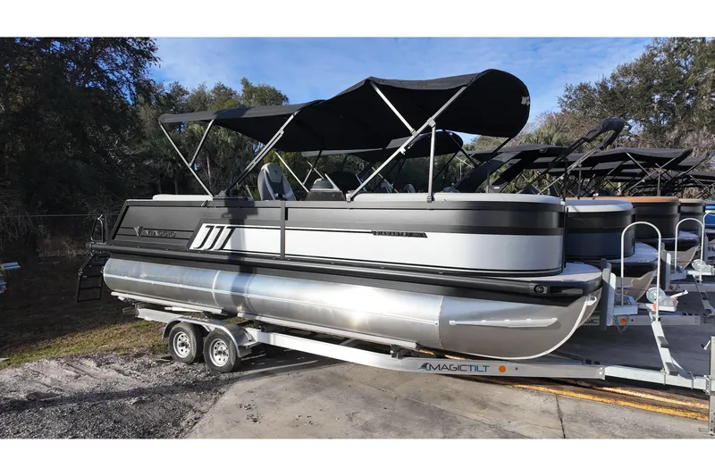 The Image of 2026 Viaggio Diamante D22U pontoon boat on trailer, black canopy, sleek design. - 0
