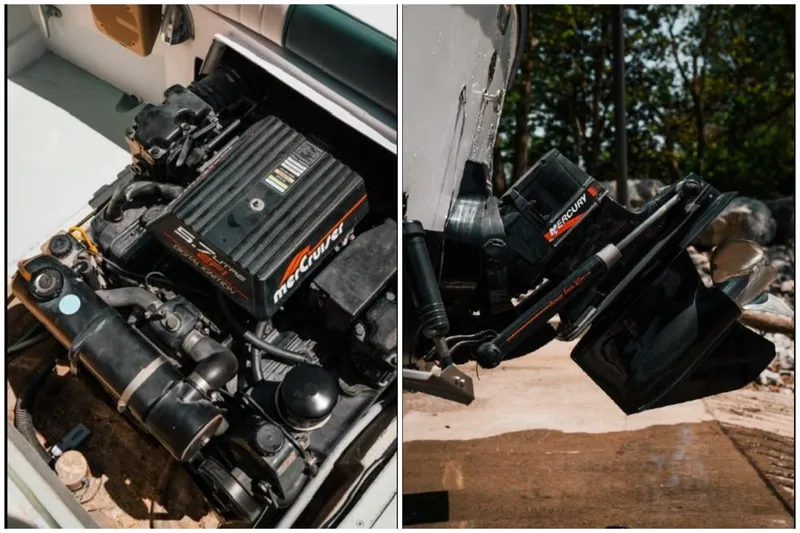 Slide: The Image of 1976 Aquasport 24 Launch boat engine and outdrive, featuring MerCruiser components. - 23