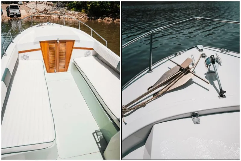 Slide: The Image of 1976 Aquasport 24 Launch boat with white seating and wooden accents on a calm lake. - 9