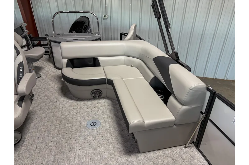 Slide: The Image of 2026 Trifecta 22 TRFC LE boat interior with gray seating and modern design. - 7