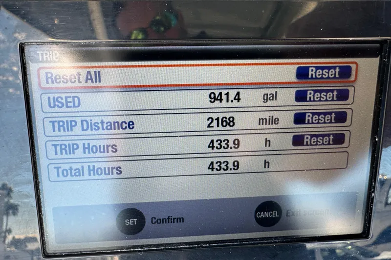 Slide: The Image of Boat dashboard display showing trip data: 941.4 gallons used, 2168 miles, 433.9 hours. Everglades 243 Center Console 2017. - 24