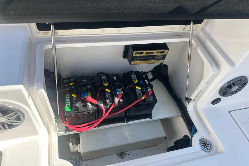 Slide: The Image of Battery compartment of 2023 Sea Fox 268 Commander boat with multiple batteries and wiring. - 31