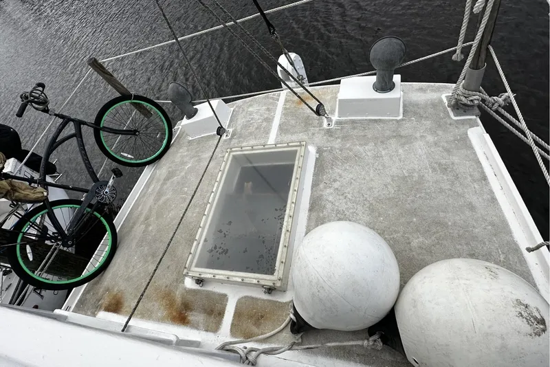 Slide: The Image of Deck of 2005 Custom Sail-Assisted Trawler with bicycle and marine equipment. - 41