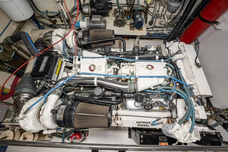 Slide: The Image of Engine room of 1998 Hatteras 74 Cockpit Motor Yacht with Detroit Diesel engines. - 54
