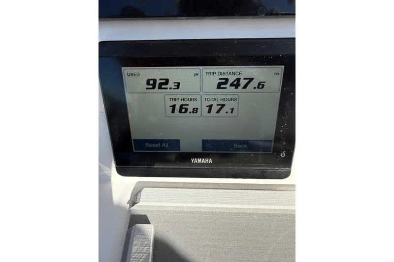 Slide: The Image of Yamaha display showing fuel usage and trip data on 2025 Sea Fox 228 Commander. - 29