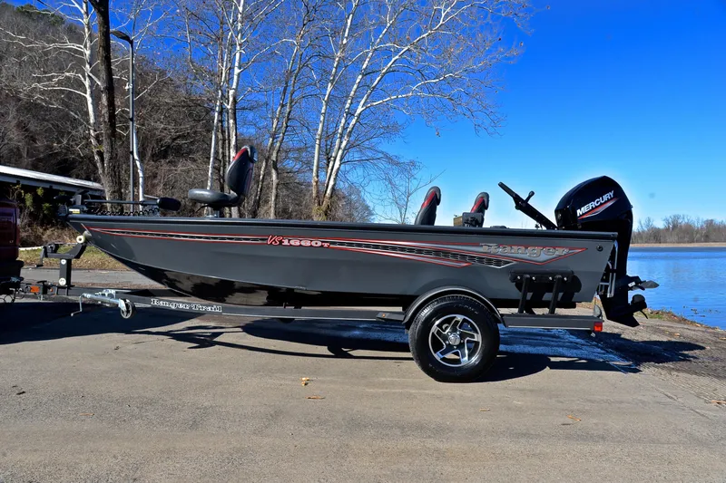 Slide: The Image of 2021 Ranger VS1660 T boat on trailer by lake, clear blue sky. - 11