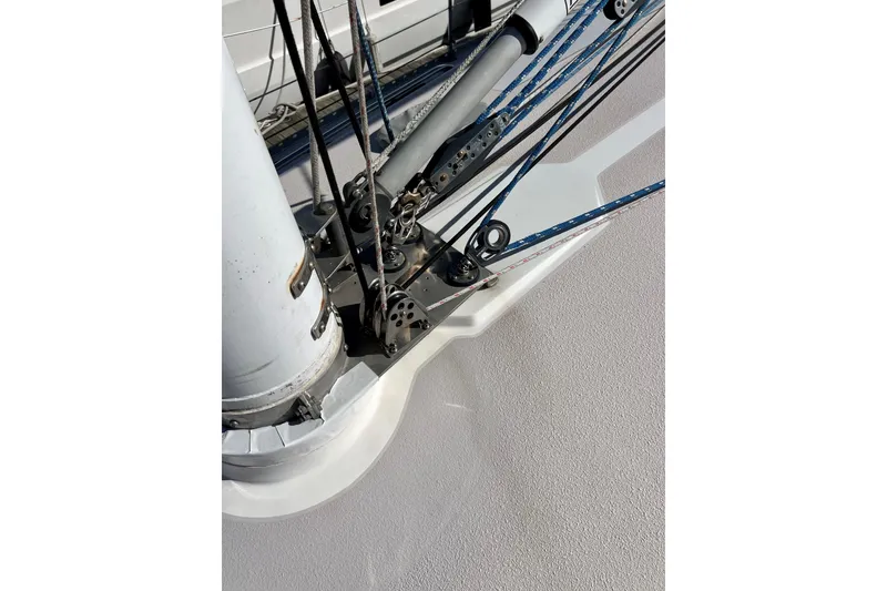 Slide: The Image of Close-up of Catalina 400 sailboat rigging, showcasing mast and ropes, 1996 model. - 24