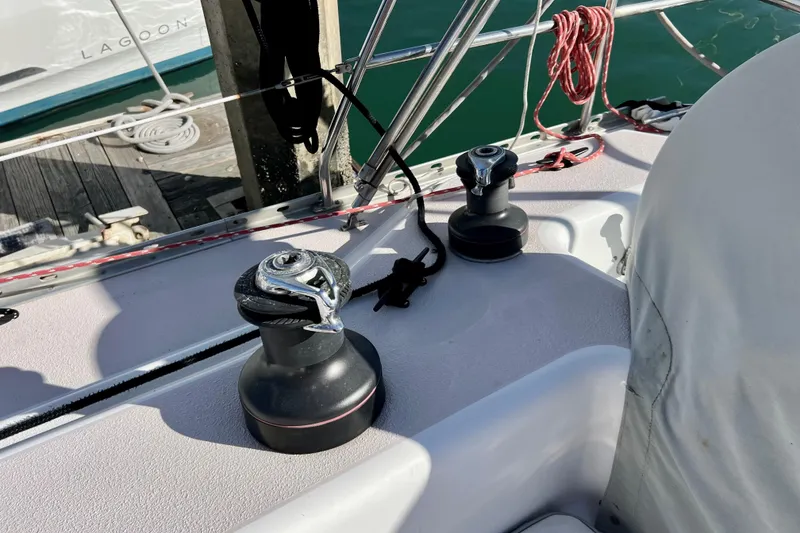 Slide: The Image of Deck of 1996 Catalina 400 sailboat with winches and ropes. - 34