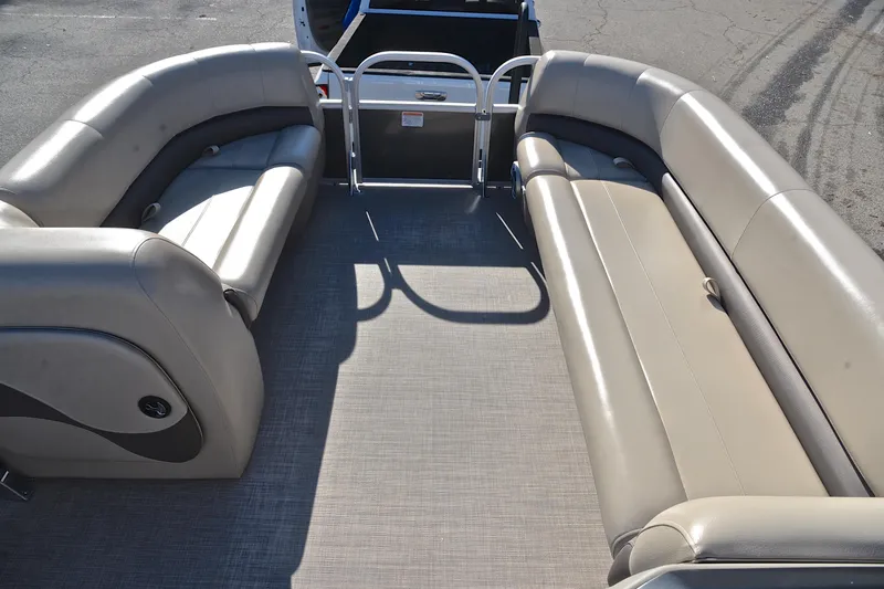 Slide: The Image of 2025 Sun Tracker Party Barge 18 DLX interior with spacious seating and modern design. - 21