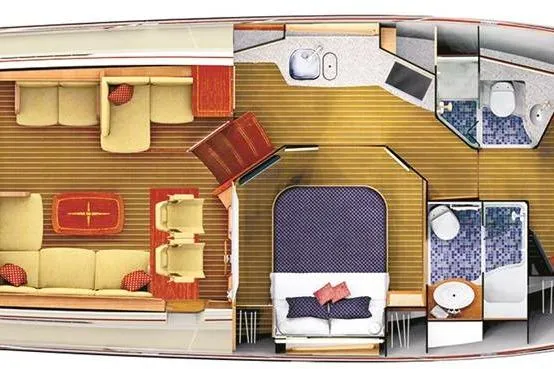 Slide: The Image of 2023 Sabre 48 Salon Express yacht interior layout with living area, kitchen, and bedroom. - 28