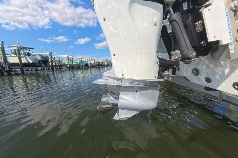 Slide: The Image of Outboard motor of a 2020 Velocity 262cc boat docked in a marina. - 25