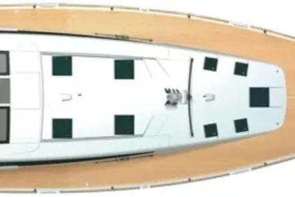 Slide: The Image of Interior of 2015 Beneteau Sense 55 yacht, featuring modern kitchen with wood cabinetry and ocean view. - 49