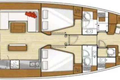 Slide: The Image of Floor plan of a 2015 Beneteau Sense 55 yacht, featuring spacious cabins and modern amenities. - 63