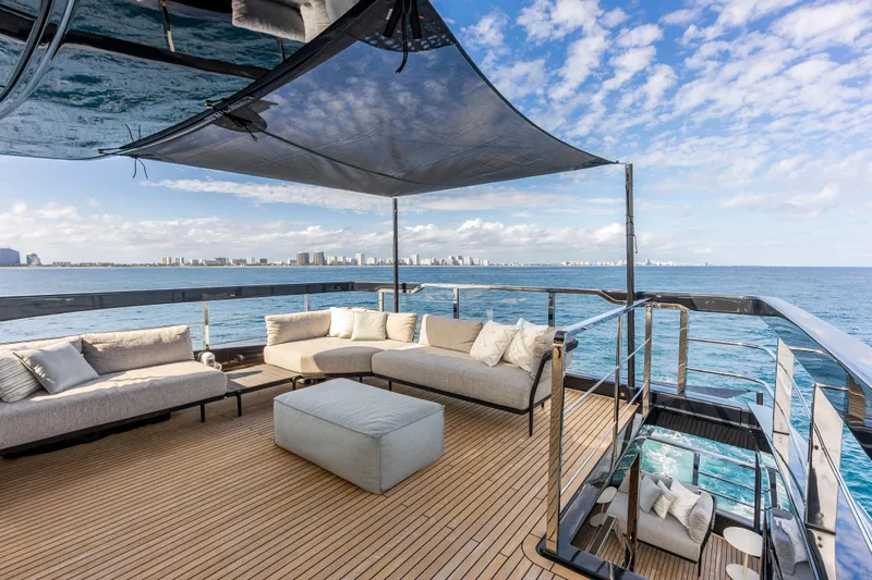 Slide: The Image of Luxurious deck of 2024 Riva 130' Bellissima yacht with ocean view and modern seating. - 13