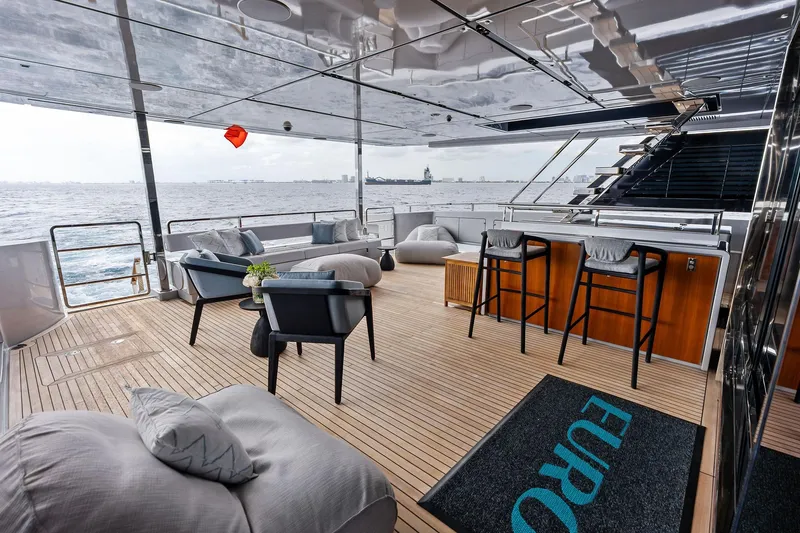 Slide: The Image of Luxurious deck of 2024 Riva 130' Bellissima yacht with modern seating and ocean view. - 17