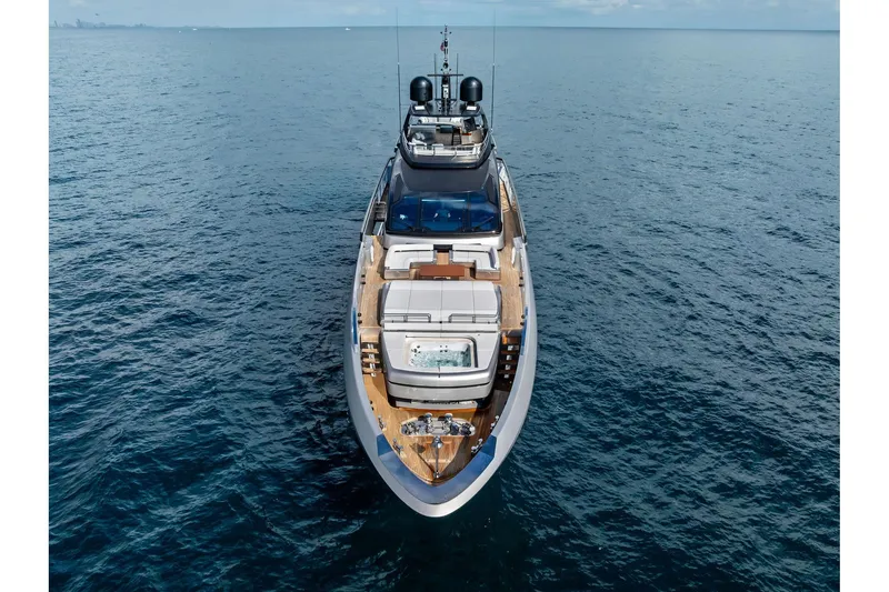 Slide: The Image of 2024 Riva 130' Bellissima luxury yacht on open sea, aerial view. - 7