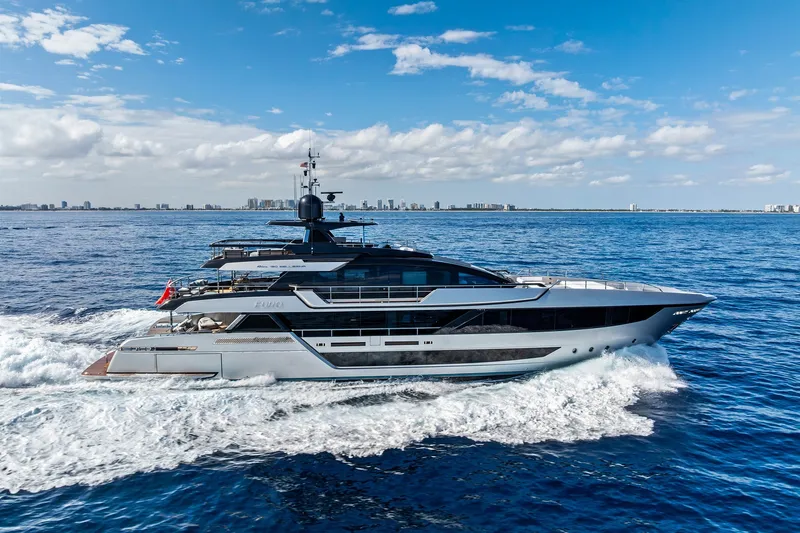 The Image of Luxurious 2024 Riva 130' Bellissima yacht cruising on open sea under clear skies. - 0