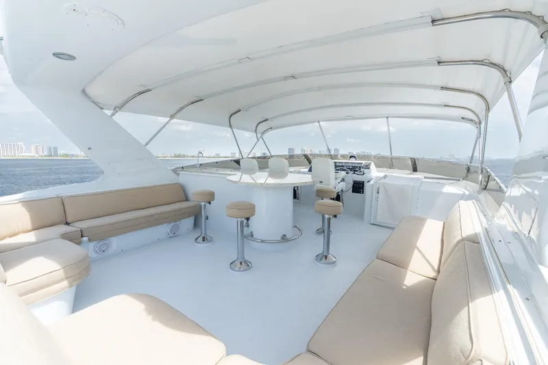 Slide: The Image of Spacious deck of 2000 Hatteras 75 Sport Deck Motor Yacht with seating and ocean view. - 33
