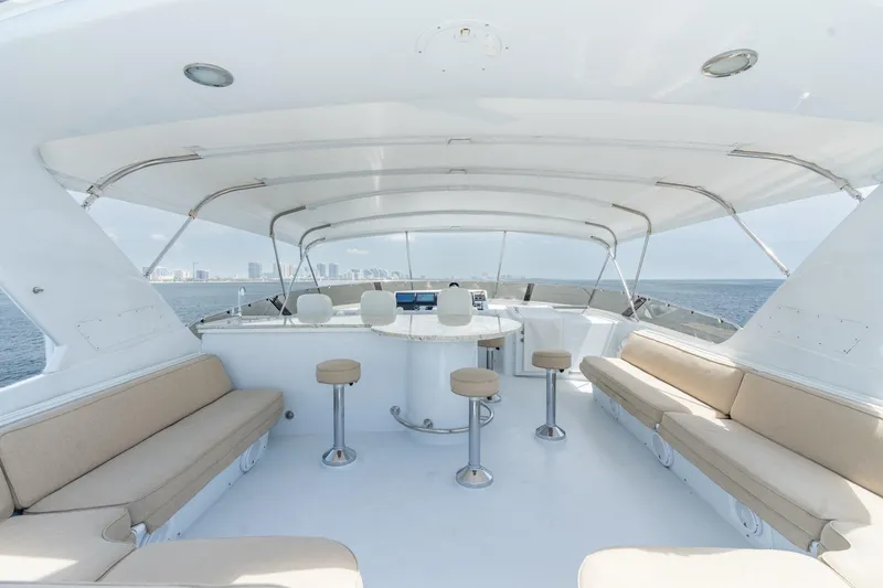 Slide: The Image of Spacious deck of 2000 Hatteras 75 Sport Deck Motor Yacht with seating and ocean view. - 31