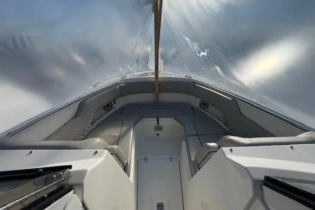 Slide: The Image of 2023 Pursuit DC 295 Dual Console boat interior with sleek seating and modern design. - 49