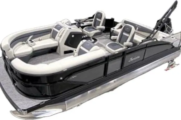 Slide: The Image of 2023 Barletta C22UC pontoon boat with luxurious seating and sleek black design. - 11