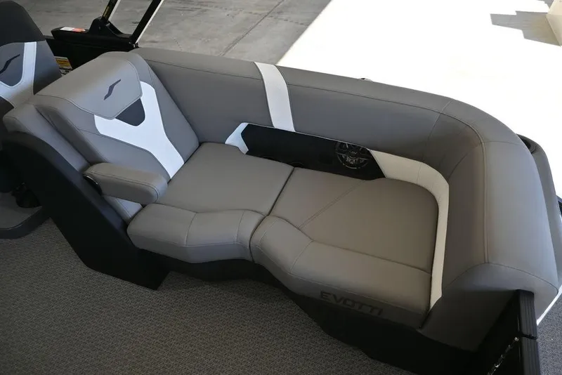 Slide: The Image of Luxurious gray and white seating in 2026 Evotti 521QL boat interior. - 11