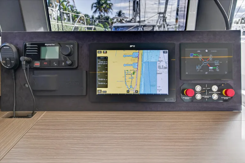Slide: The Image of Control panel of a 2025 Leopard 46 yacht with navigation and communication systems. - 36