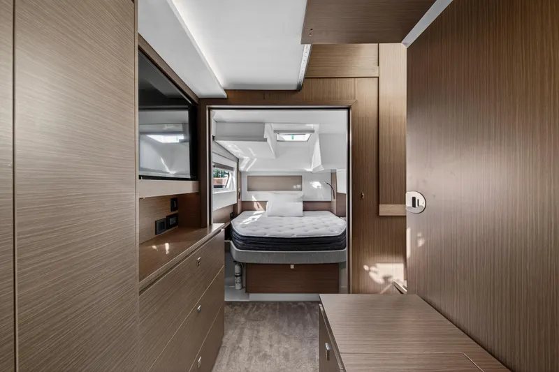 Slide: The Image of Luxurious interior of 2025 Leopard 46 yacht featuring a modern bedroom design. - 65