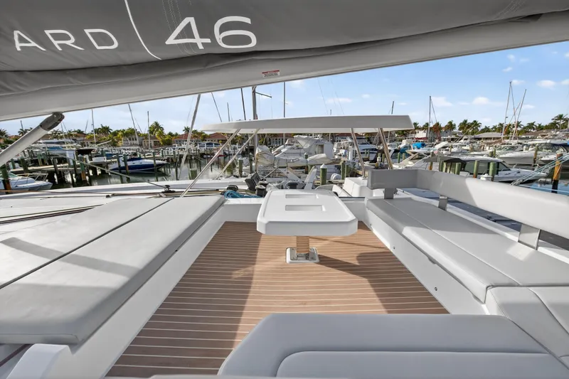 Slide: The Image of Modern Leopard 46 yacht deck, 2025 model, featuring sleek seating and marina view. - 77