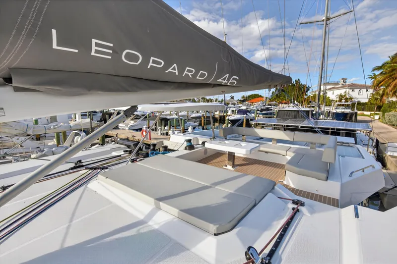 Slide: The Image of Luxurious 2025 Leopard 46 yacht docked, featuring spacious deck and modern design. - 80