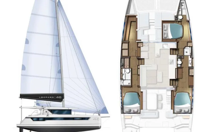 Slide: The Image of 2025 Leopard 46 sailboat with detailed interior layout and sleek design. - 98
