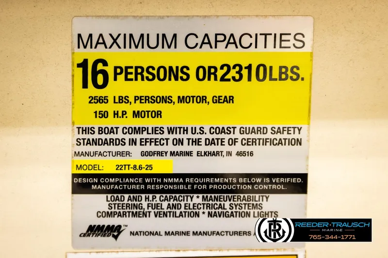 Slide: The Image of 2004 AquaPatio 220 RE capacity label: 16 persons, 2310 lbs, 150 HP motor. - 51