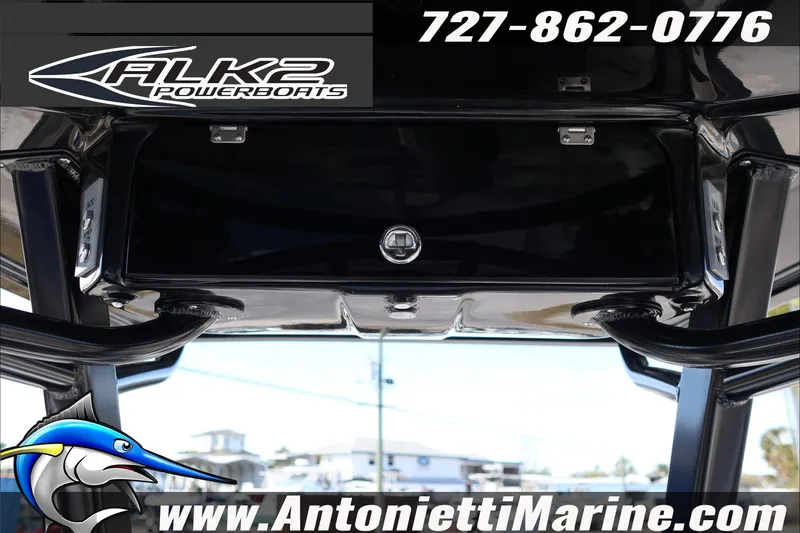 Slide: The Image of 2026 ALK2 Powerboats 25 CRXL, black console, Antonietti Marine contact details. - 13