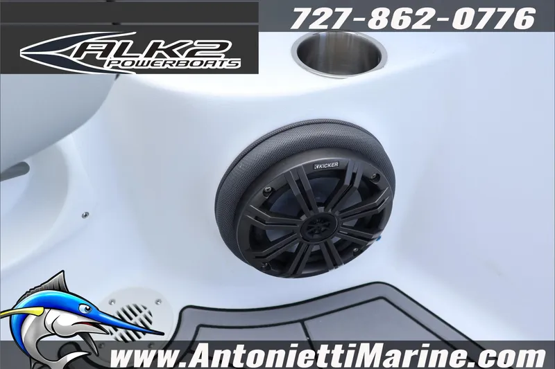 Slide: The Image of ALK2 Powerboats 2026 model 25 CRXL with Kicker speaker and cup holder. - 20