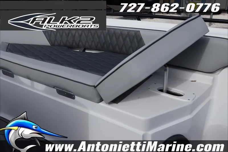 Slide: The Image of 2026 ALK2 Powerboats 25 CRXL with cushioned seating, showcased by Antonietti Marine. - 26