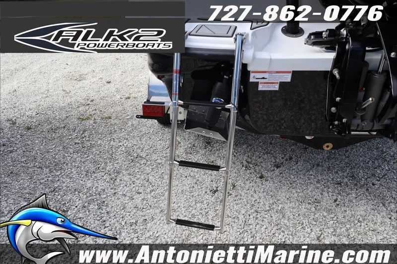 Slide: The Image of ALK2 Powerboats 2026 model 25 CRXL with ladder, contact info, and website displayed. - 34