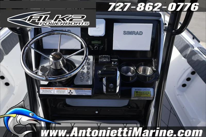 Slide: The Image of ALK2 Powerboats 2026 25 CRXL dashboard with steering wheel and controls, Antonietti Marine branding. - 8