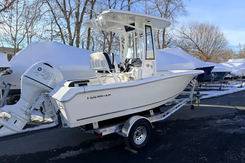 Slide: The Image of 2026 Tidewater 198 CC Adventure boat on trailer, featuring Yamaha outboard motor. - 19