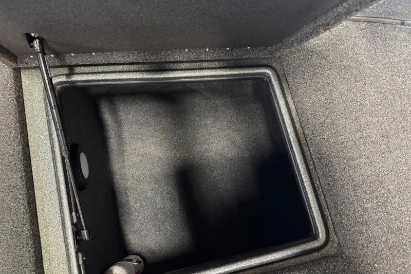 Slide: The Image of Storage compartment in a 2018 Nitro ZV21 boat, featuring a carpeted interior. - 19