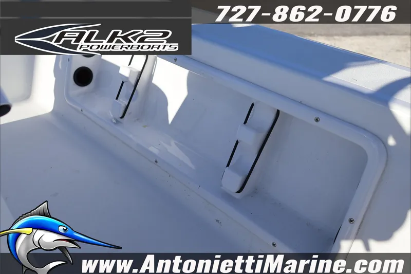 Slide: The Image of 2026 ALK2 Powerboats 17HS interior detail with logo and contact information. - 13